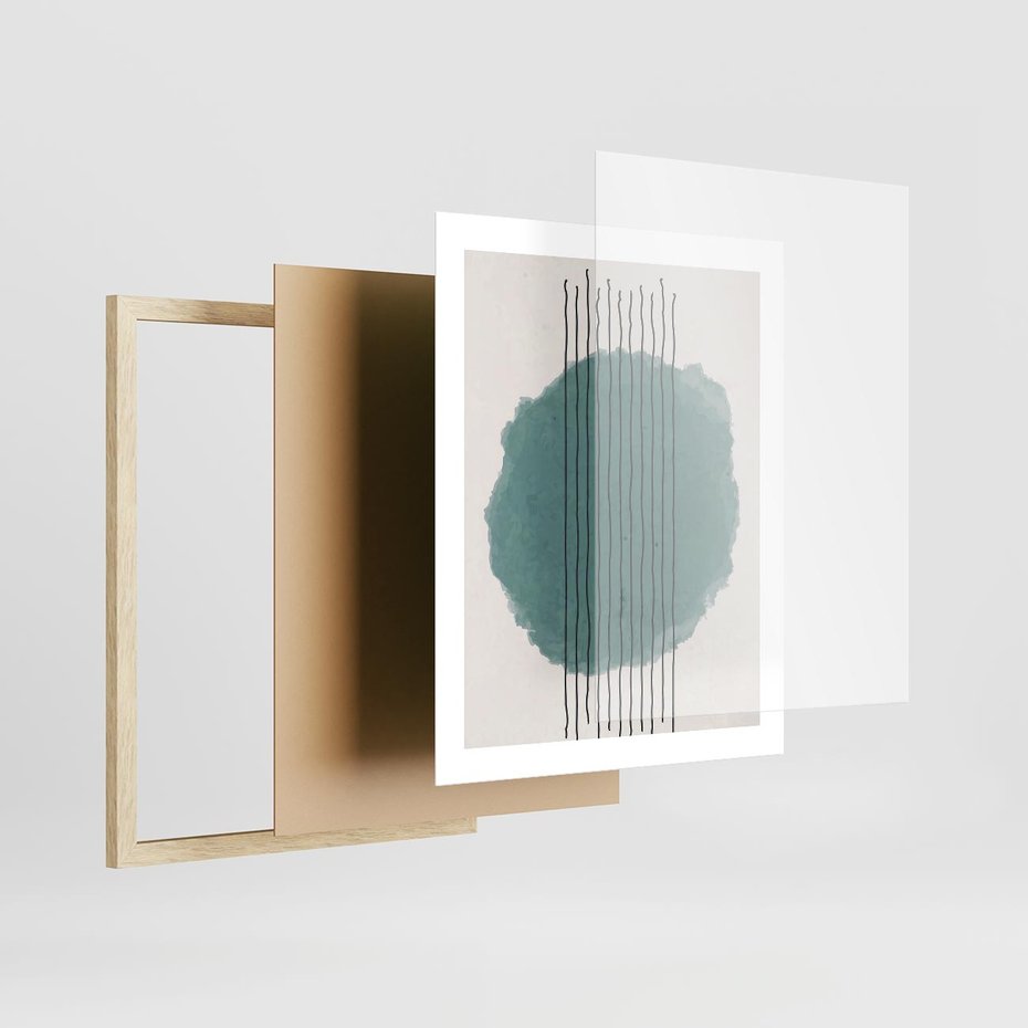 Plakat w ramie 40x50 - Podróżne Inspiracje - abstrakcyjna akwarelowa plama, nieregularne kreski - rama drewno