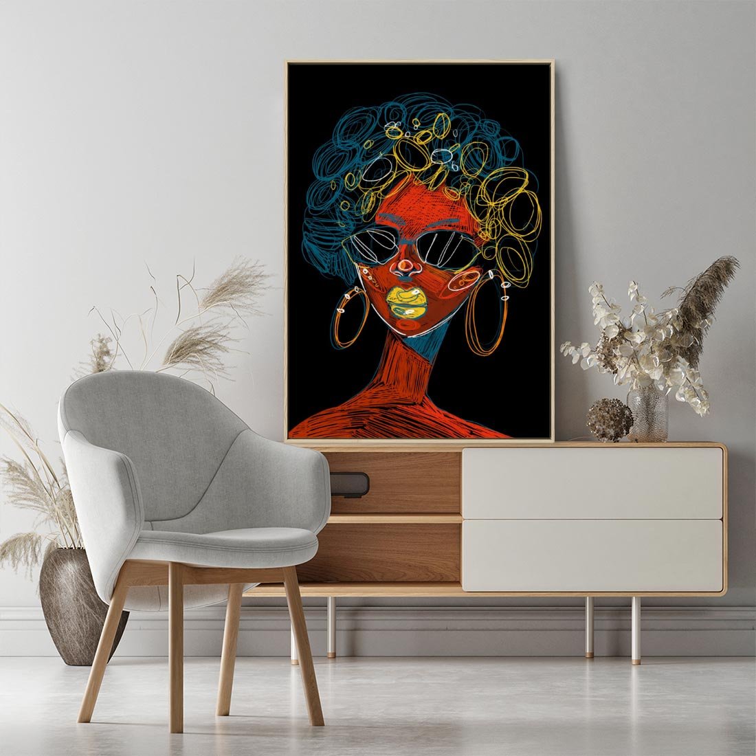 Obraz w ramie 50x70 - Kolorowe Wibracje Rzeczywistości - abstrakcyjny portret kobiety, twarz - rama drewno