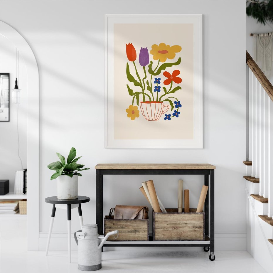 Plakat bez ramy 40x50 - Kolorowe Granice - kwiaty w filizance, abstrakcja