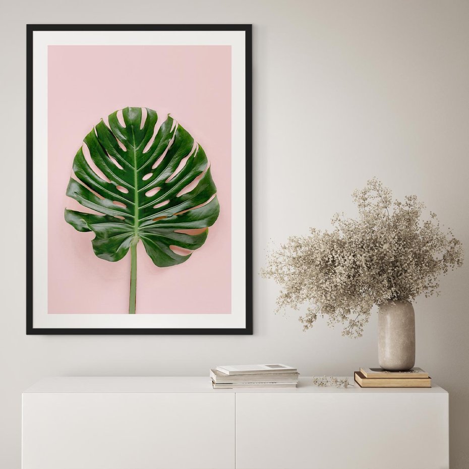 Plakat w ramie 30x40 - Monstera w Różowym Świetle - liść monstery, różowe tło - rama czarna