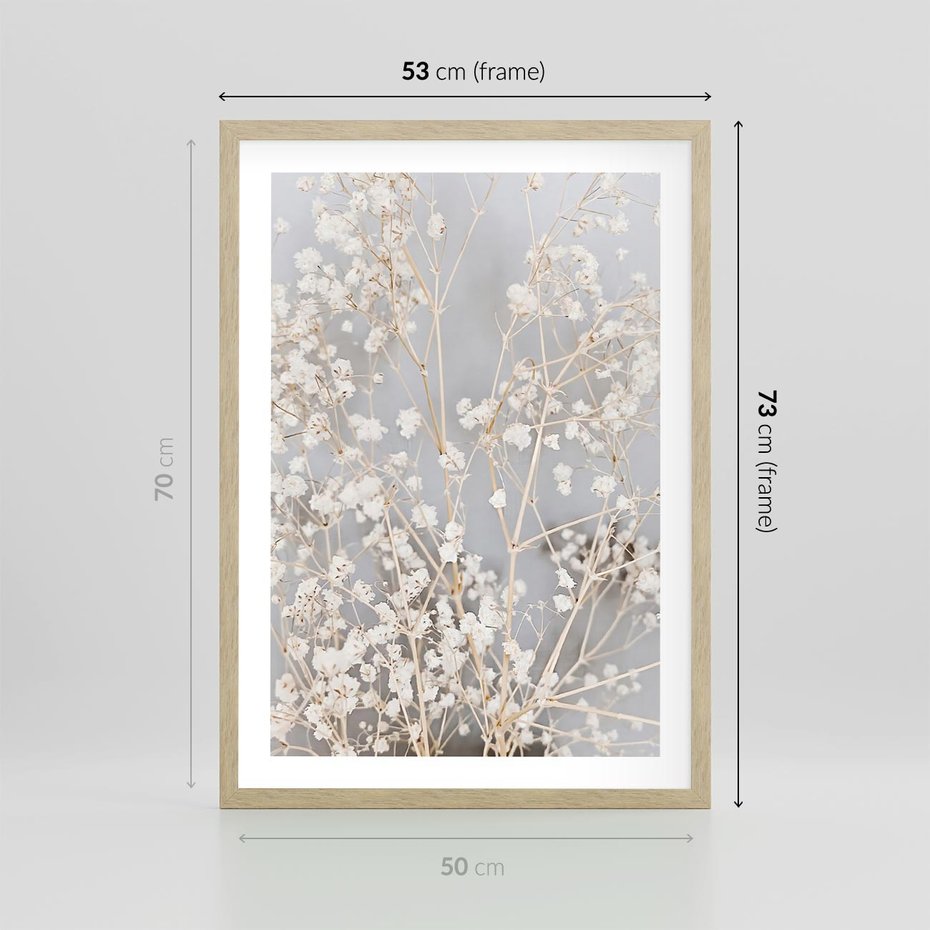 Plakat w ramie 50x70 - Białe Drobne Kwiaty - gipsówka, białe drobne kwiatki - rama drewno
