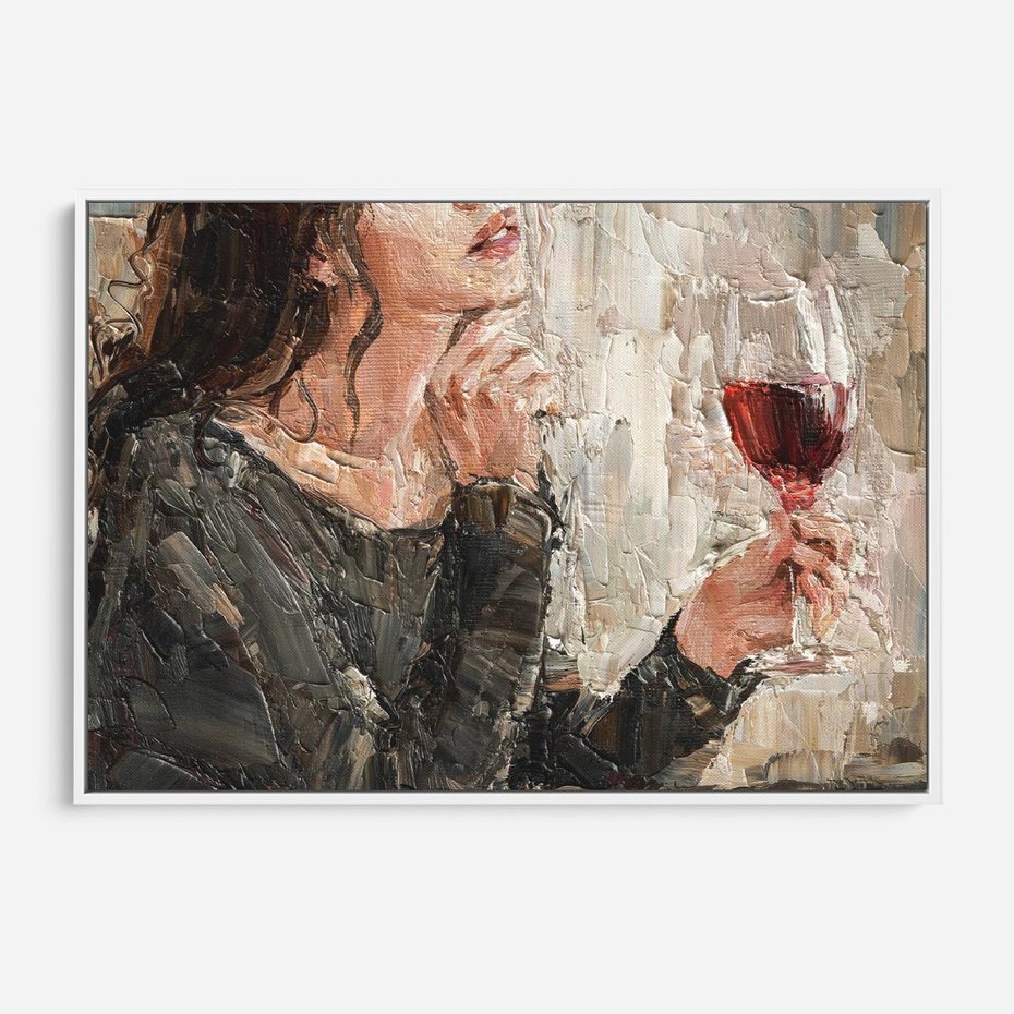 Obraz w ramie 120x80 - Esencja - kobieta wino obraz impresonizm olej na płótnie - rama biała