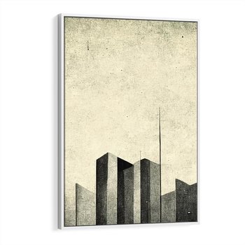Obraz w ramie 80x120 - Mroczne Wieżowce - postarzana grafika, perspektywa budynków wieżowców - rama biała