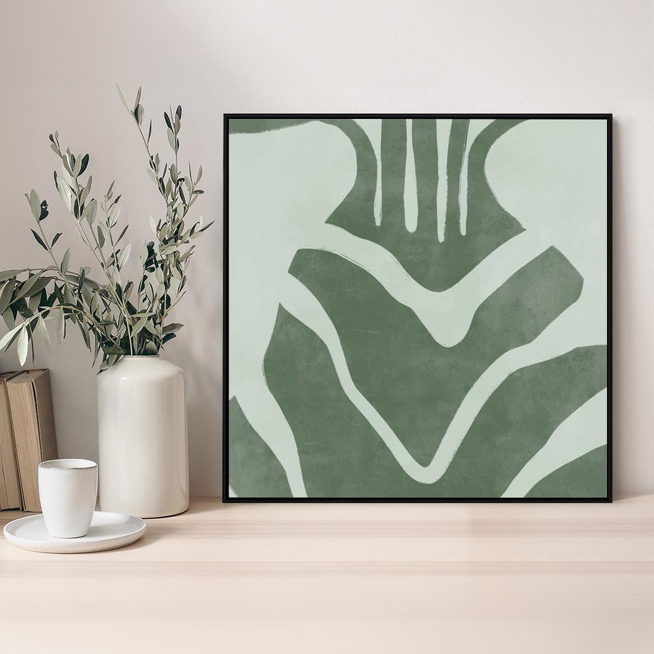 Obraz w ramie 50x50 - Zieleń Odpoczynku - zielony plakat, nieregularne splątane linie - rama czarna