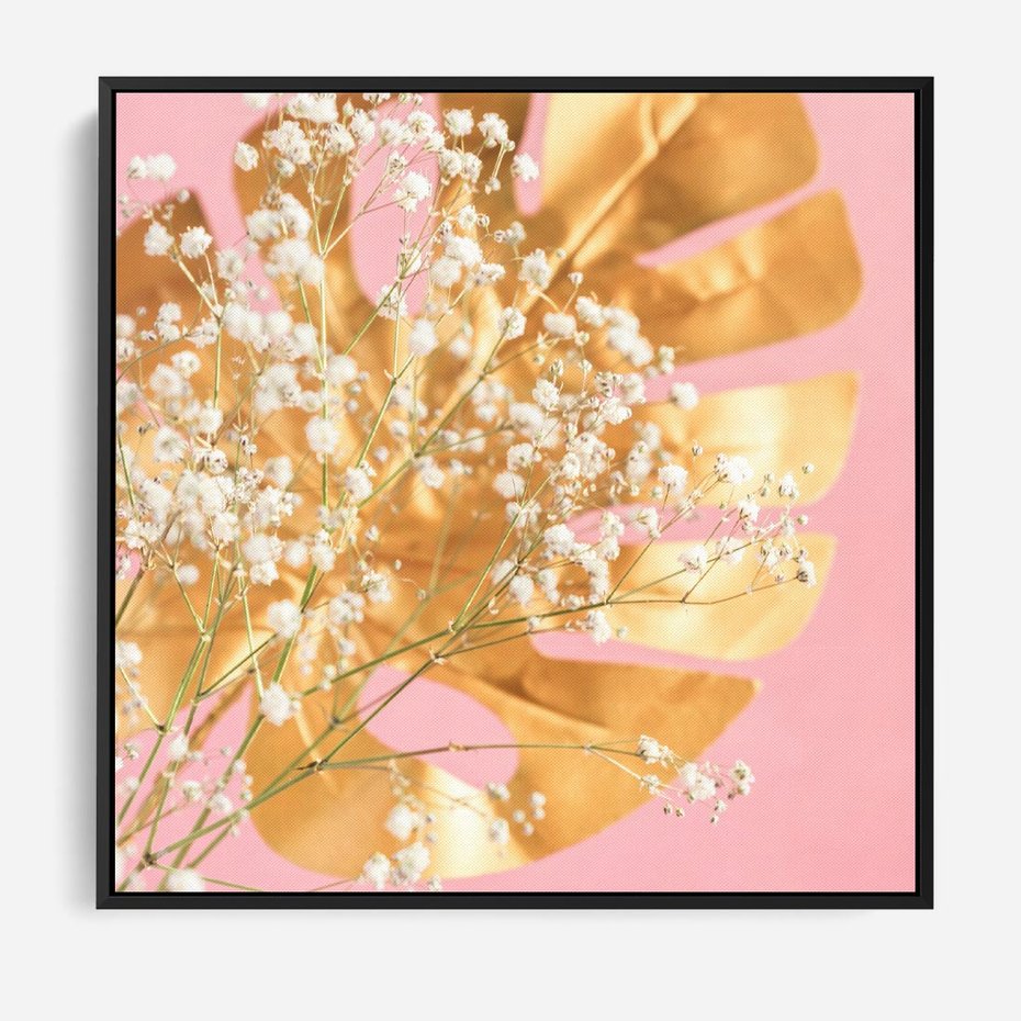 Obraz w ramie 50x50 - : Elegancja w Złocie - złote, liście - rama czarna