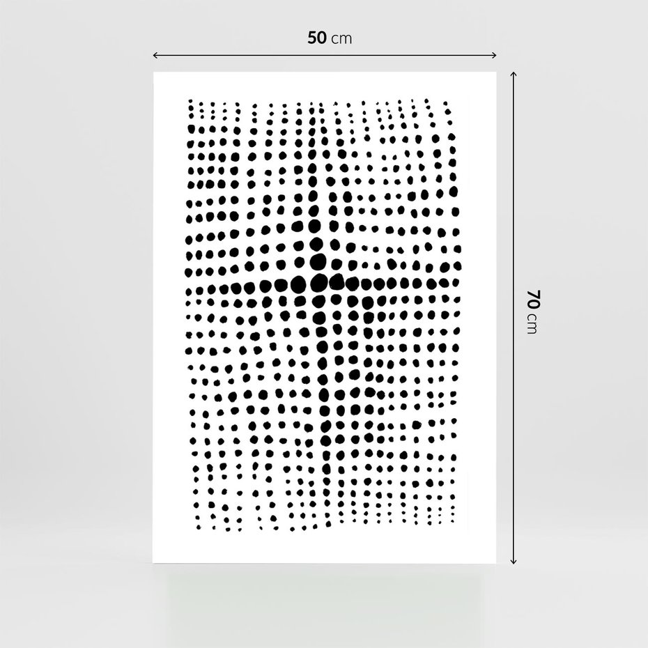 Plakat bez ramy 50x70 - Refleksje Monochromatycznych Widoków - abstrakcyjna kompozycja z czarnych kropek, minimalistyczny czarno bialy plakat