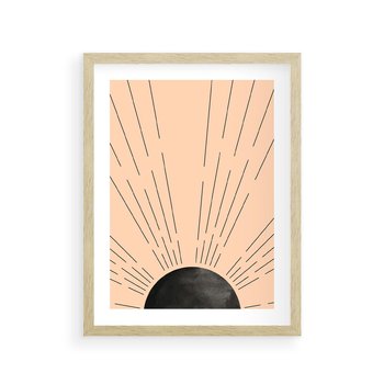 Plakat w ramie 30x40 - Migocące Kształty Promieni - boho czarne słońce, nowoczesna grafika - rama drewno