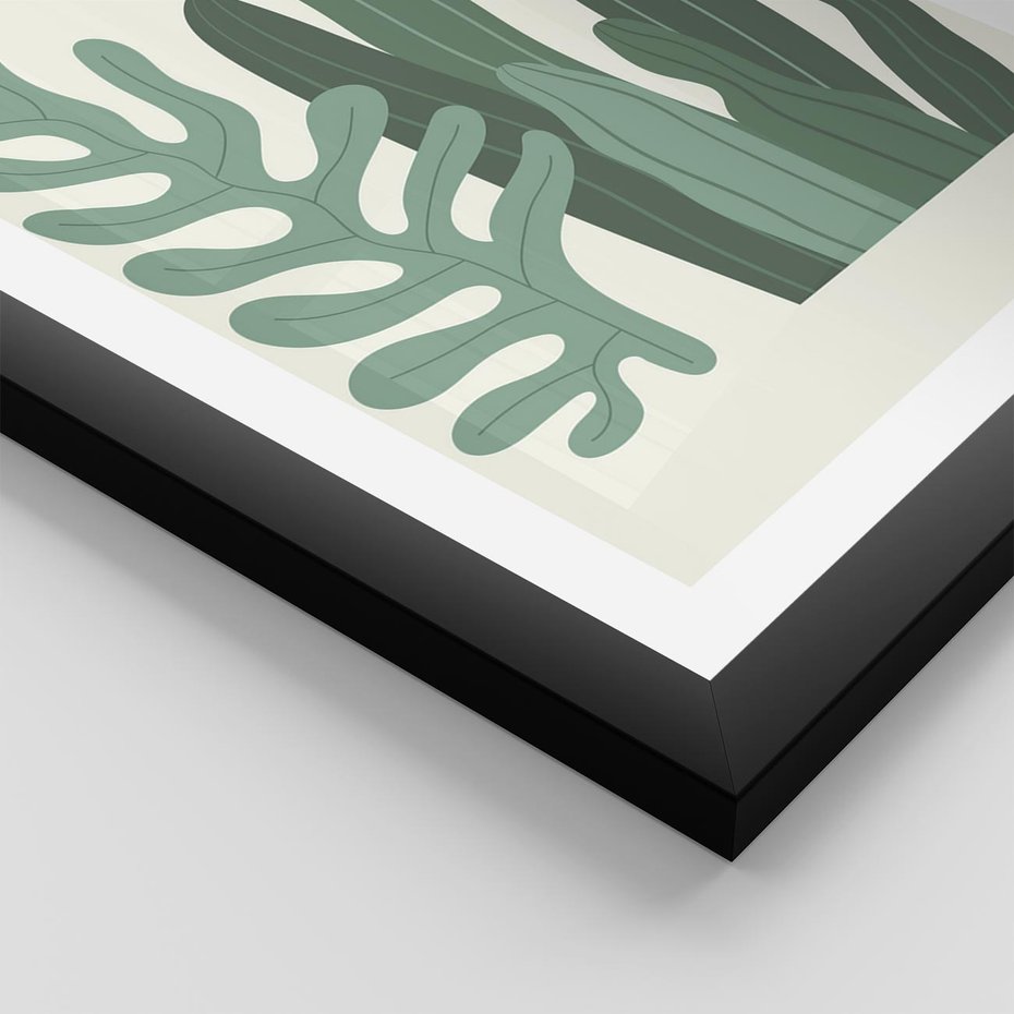 Plakat w ramie 50x70 - Graficzna Harmonia: Liście i Rośliny na Plakacie - liście, grafika - rama czarna