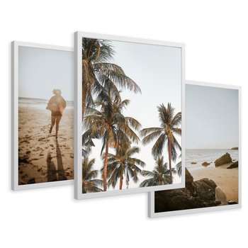Zestaw obrazy w ramie 50x70 galeria - Plaża, palmy, zachód, słońca, morze - rama biała
