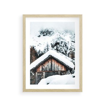 Plakat w ramie 30x40 - Domek w Górach w Białym Odcieniu - zima, domek w górach - rama drewno