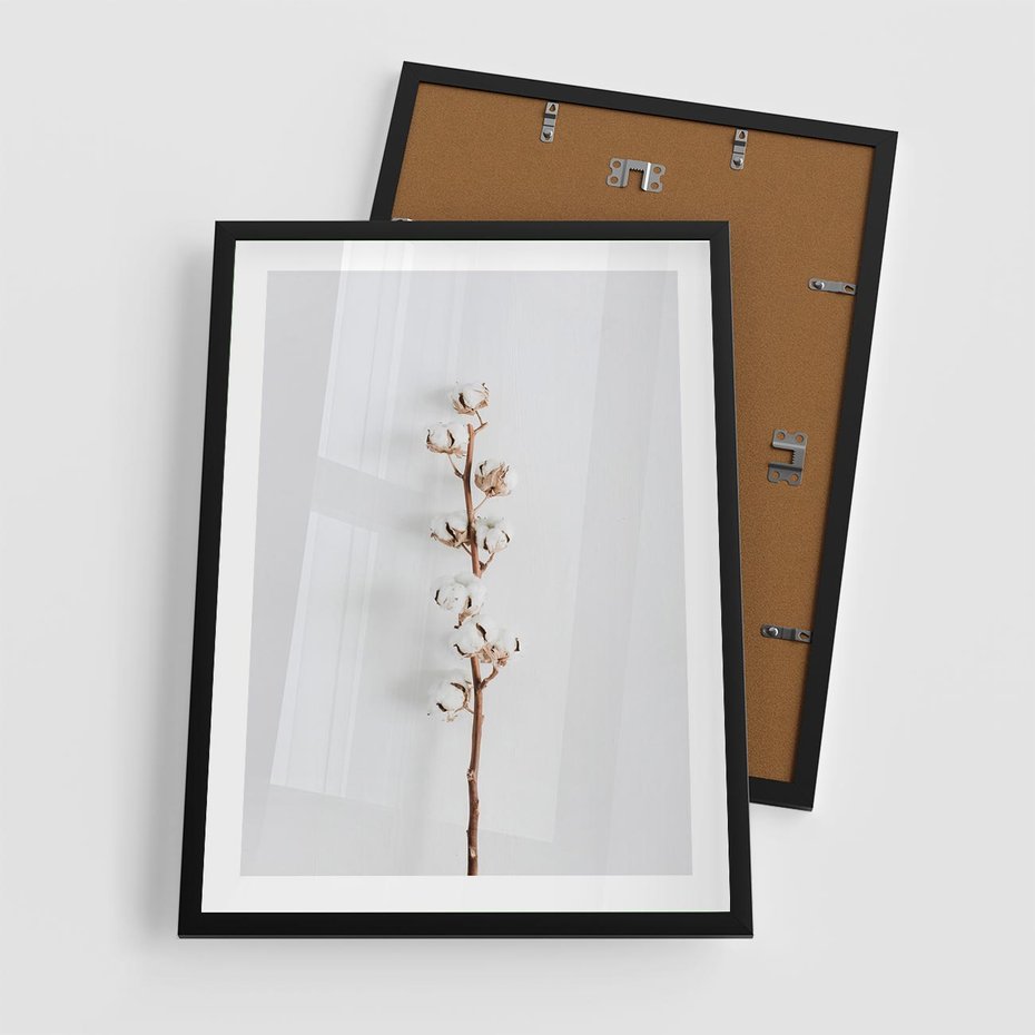 Plakat w ramie 50x70 - Minimalistyczna Gałązka Bawełny - bawełna, gałązka bawełny - rama czarna