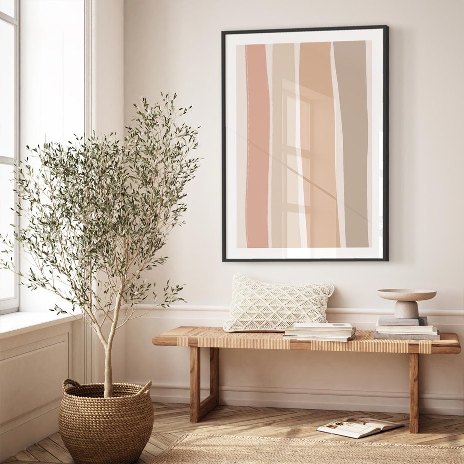 Plakat bez ramy 21x30 - Tęczowa Zgaszona Aura - abstakcyjne tęczowe pasy, delikatne odcienie beżu