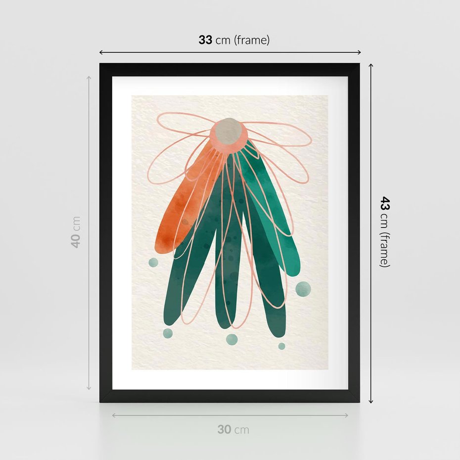 Plakat w ramie 30x40 - Energetyczna Harmonia Kwiatów - akwarelowe abstrakcyjne kształty, zieleń i pomarańcz - rama czarna