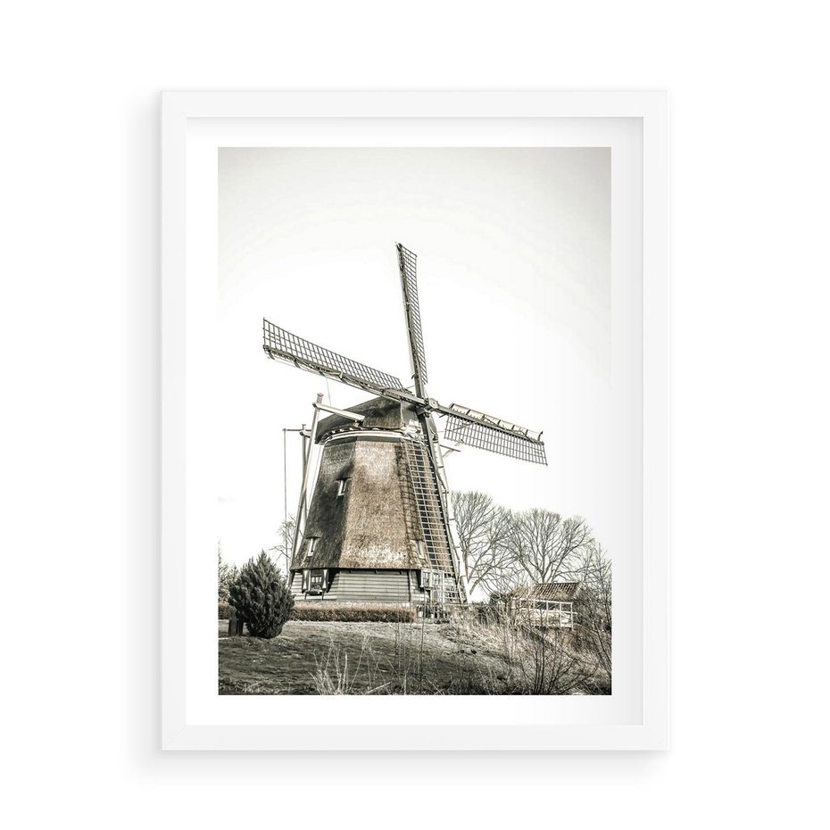 Plakat w ramie 50x70 - Wiejska Idylla z Młynem - wiatrak, młyn - rama biała