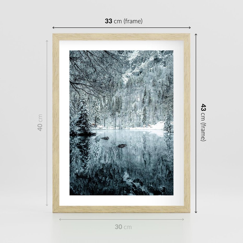 Plakat w ramie 30x40 - Zimowy Raj - zimowy górski krajobraz, jezioro w górach - rama drewno