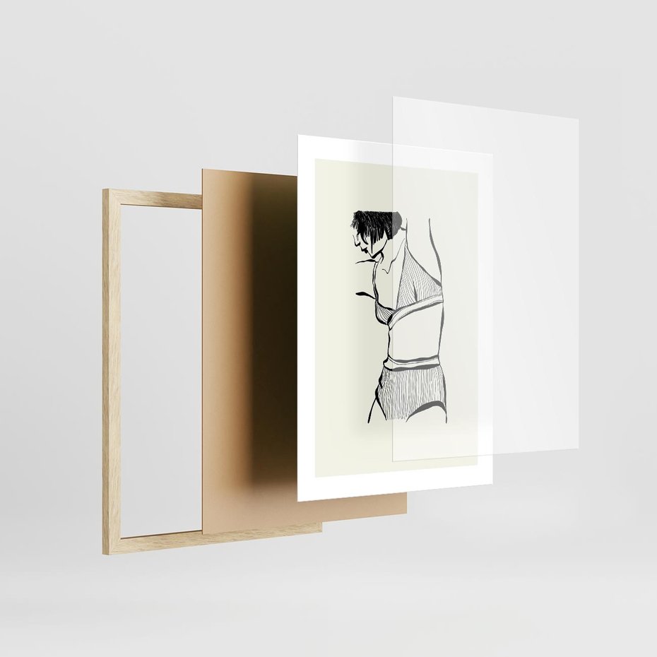 Plakat w ramie 30x40 - Minimalistyczny Urok - szkic, kobieta w bieliźnie - rama drewno
