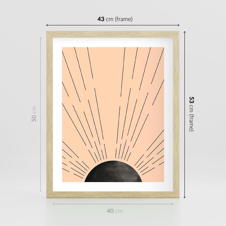 Plakat w ramie 40x50 - Migocące Kształty Promieni - boho czarne słońce, nowoczesna grafika - rama drewno