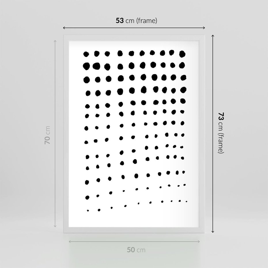 Plakat w ramie 50x70 - Abstrakcyjna Transformacja - abstrakcyjna kompozycja z czarnych kropek, minimalistyczny czarno bialy plakat - rama biała
