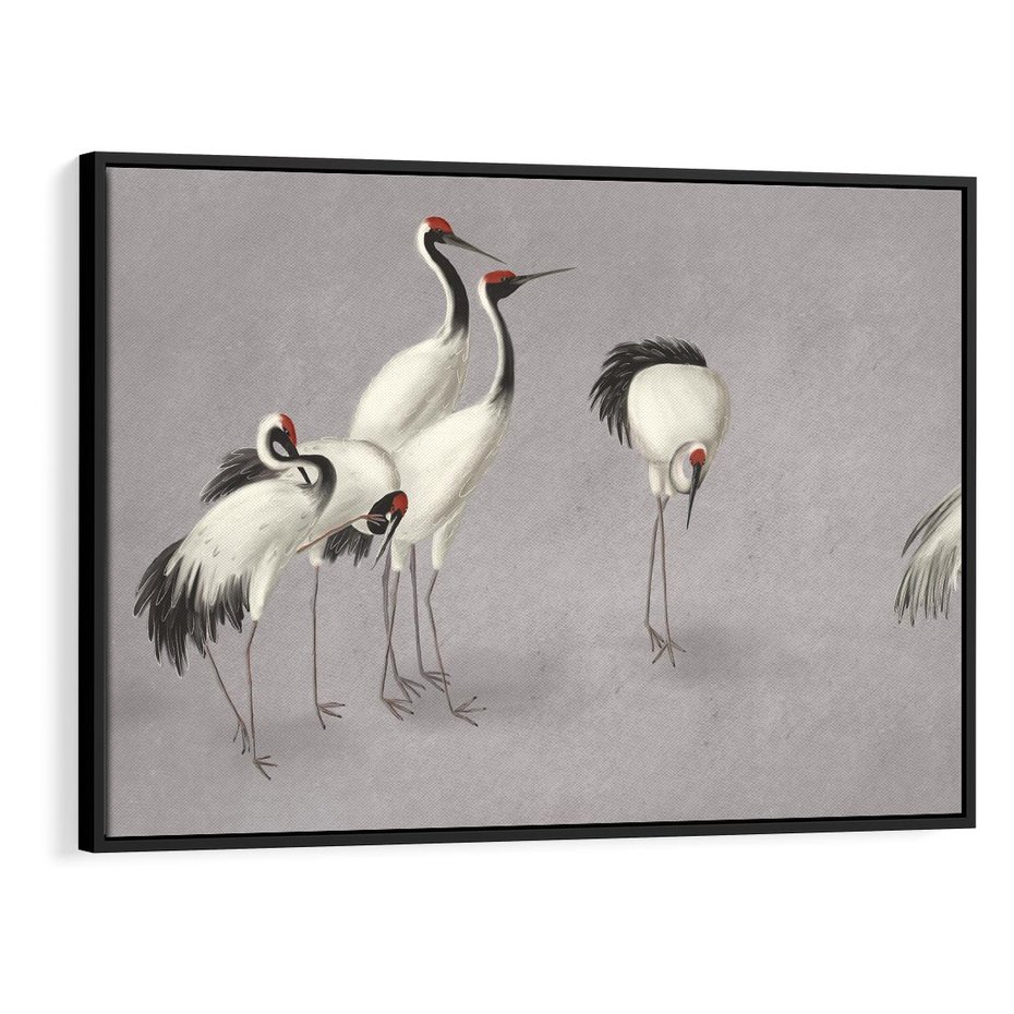 Obraz w ramie 100x70 - Spojrzenie wstecz w pędzlu - szkic rysunek, japońskie żurawie - rama czarna