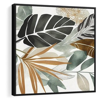 Obraz w ramie 50x50 - Współbrzmienie wewnętrznego ja - kompozycja z tropikalnych liści, stonowane kolory - rama czarna