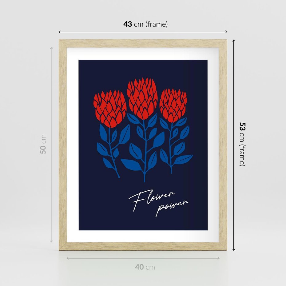 Plakat w ramie 40x50 - Podróżne Barwy - czerwone abstrakcyjne kwiaty, granatowe tło - rama drewno