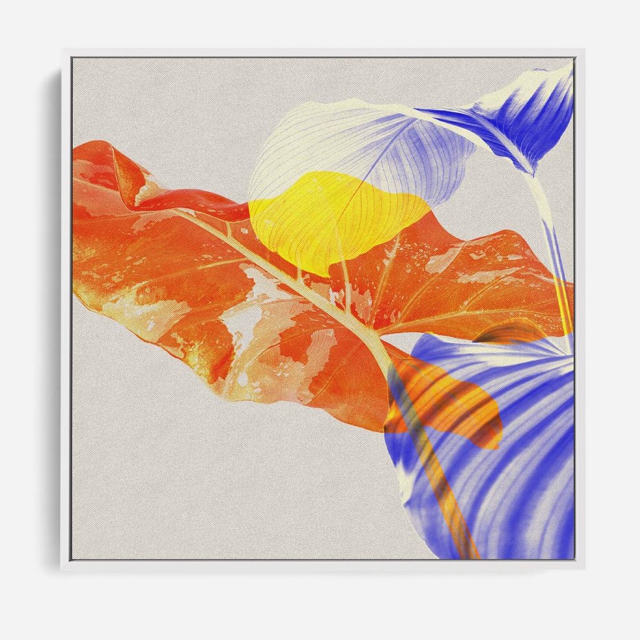 Obraz w ramie 50x50 - Energetyczne Indygo - retro, tropikalne liście - rama biała