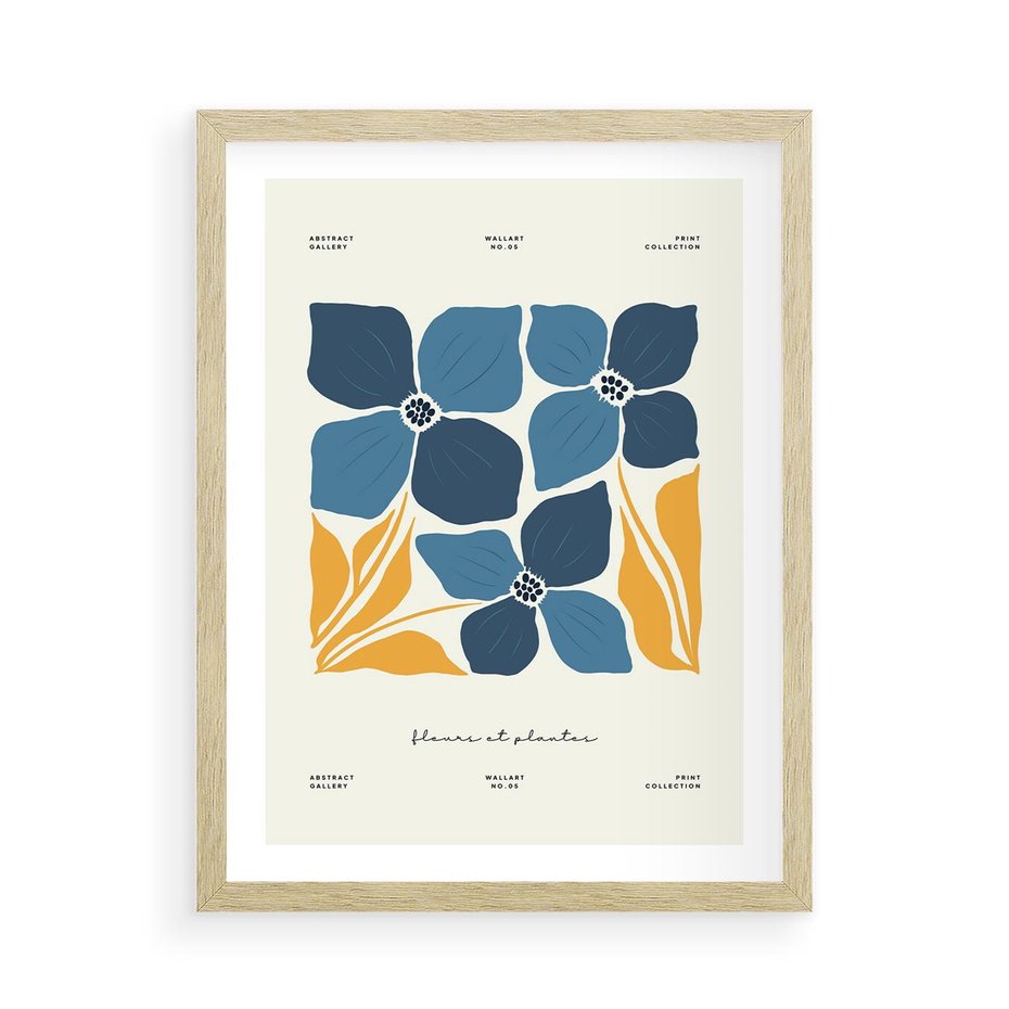 Plakat w ramie 50x70 - Błękitne Nowości - niebieskie kwiaty, nowoczesna sztuka - rama drewno