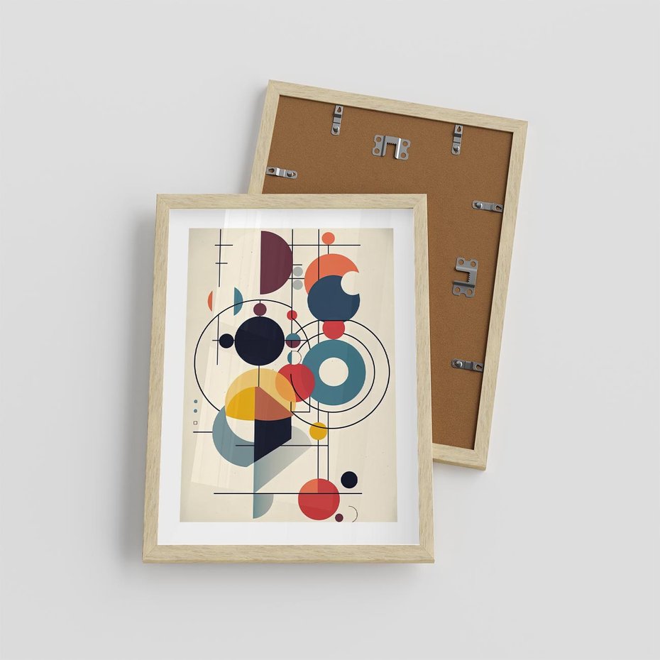 Plakat w ramie 30x40 - Rozbijające Barwne Granice - abstrakcyjna geometryczna kompozycja, koła linie - rama drewno