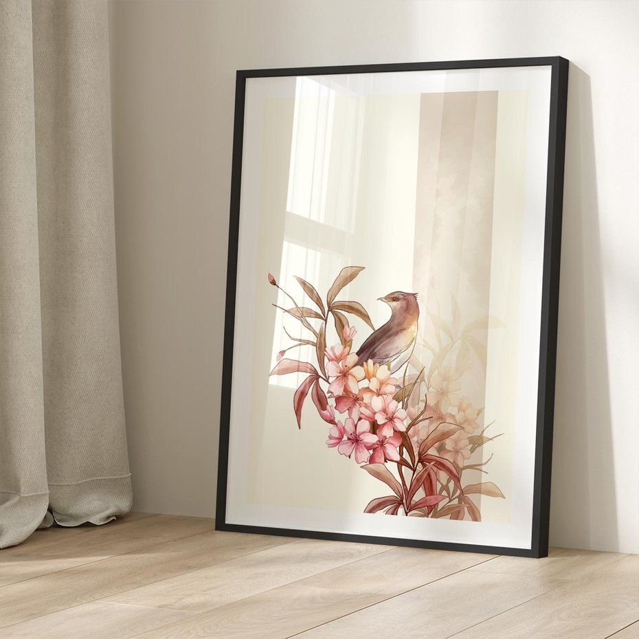 Plakat bez ramy 21x30 - Kwiatowe Zanurzenie - japońska sztuka, ptak