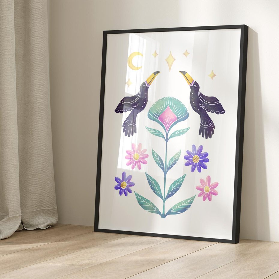 Plakat bez ramy 40x50 - Przenikająca Dżungla - boho plakat, tukany