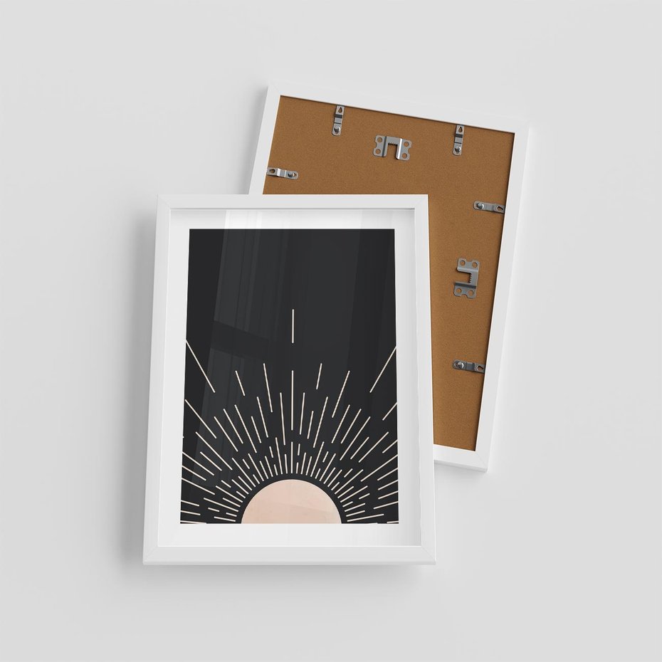 Plakat w ramie 30x40 - Słoneczny Portret Duszy - boho czarne słońce, nowoczesna grafika - rama biała