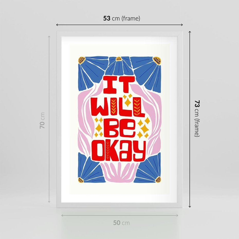 Plakat w ramie 50x70 - Kwiatowa Ekstaza - czerwona pozytywna typografia, kwiatowa kompozycja - rama biała