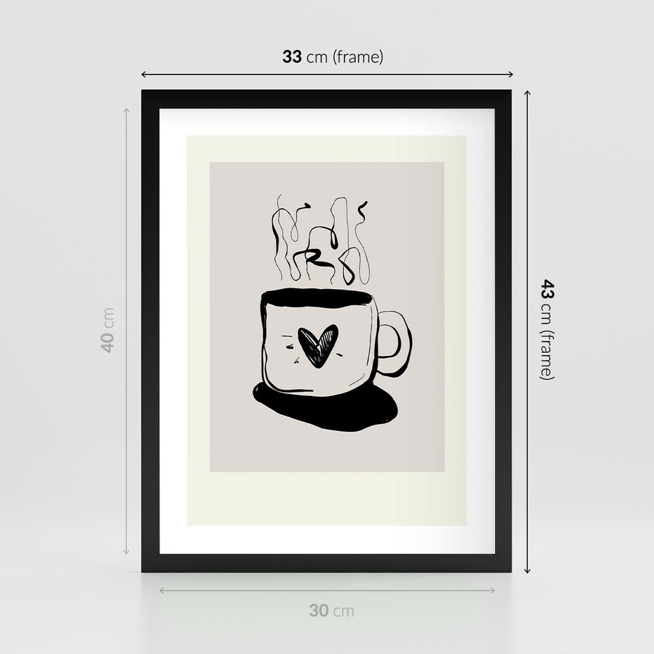 Plakat w ramie 30x40 - Grafika Kubka w Czerni i Bieli - kubek, grafika - rama czarna