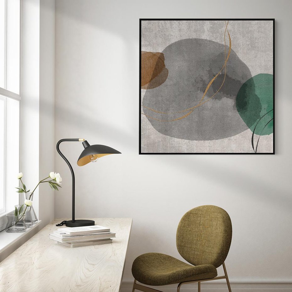 Obraz w ramie 50x50 - Delikatne Plamy - akwarelowe plamy, złote linie - rama czarna