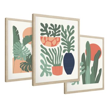 Zestaw obrazy w ramie 40x50 galeria - Liście, graficzne, boho, monstera - rama drewno