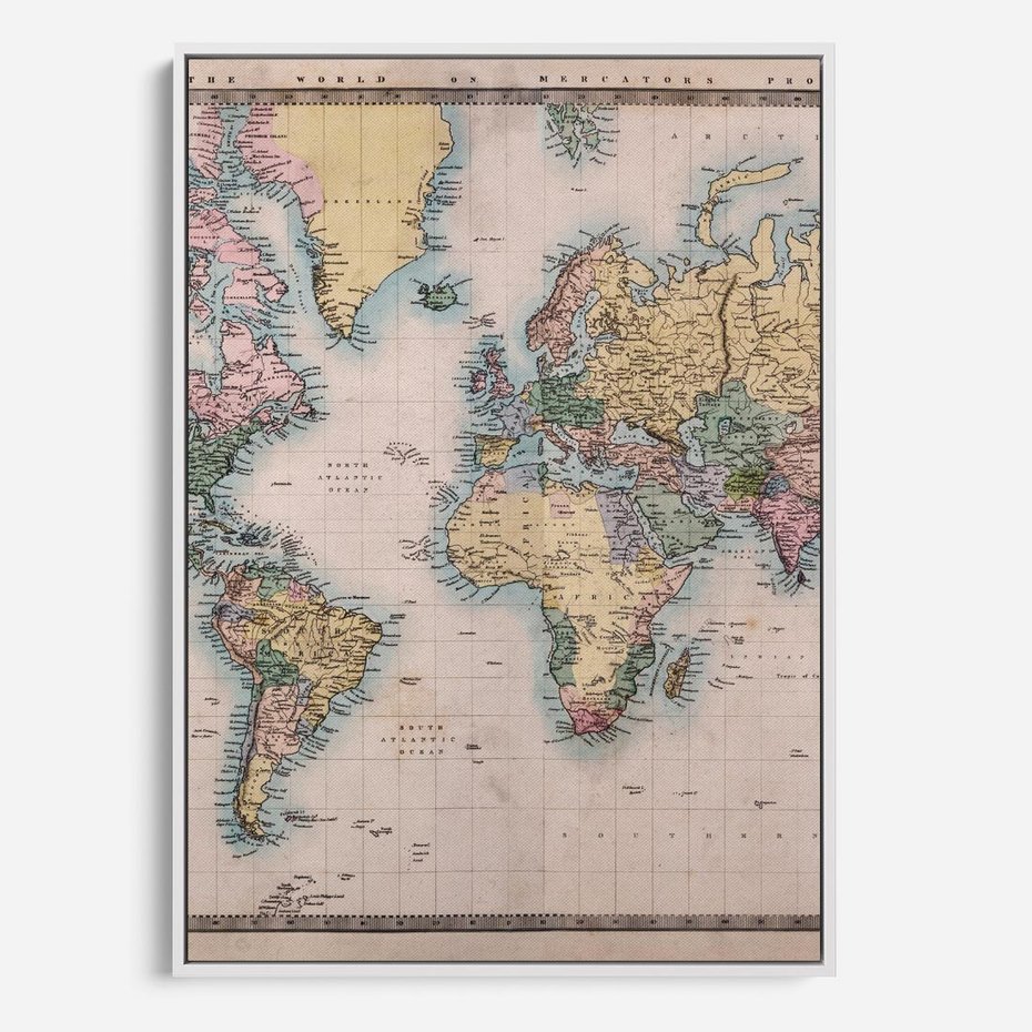 Obraz w ramie 50x70 - Światło Przeszłości - retro mapa świata, mapa - rama biała