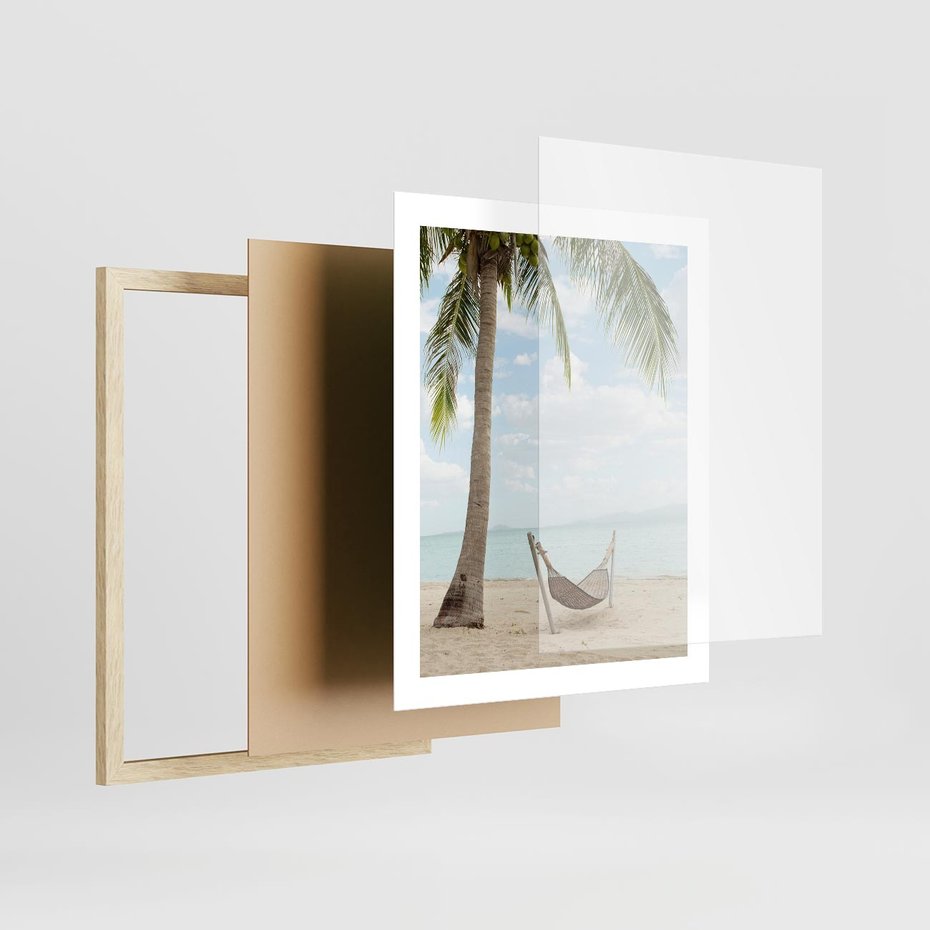 Plakat w ramie 40x50 - Relaks na plaży - palma, hamak - rama drewno