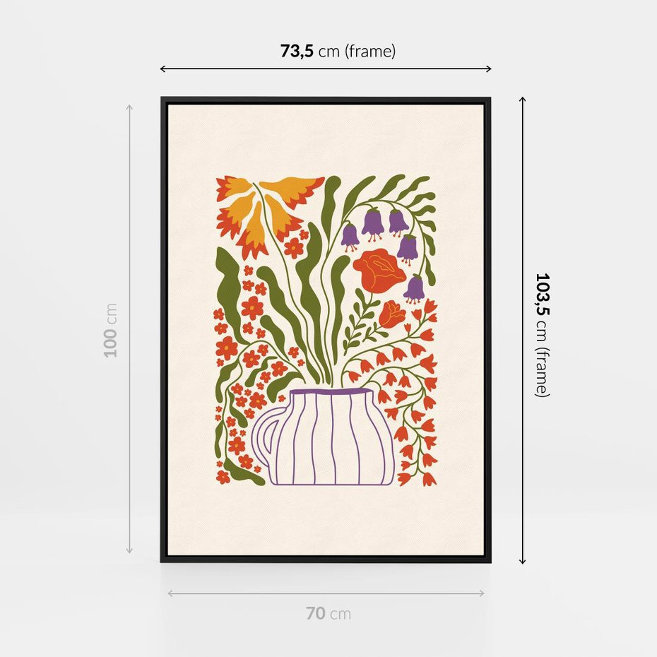 Obraz w ramie 70x100 - Świeżość Kwiatów - kwiaty w wazonie, minimalistyczna kompozycja - rama czarna