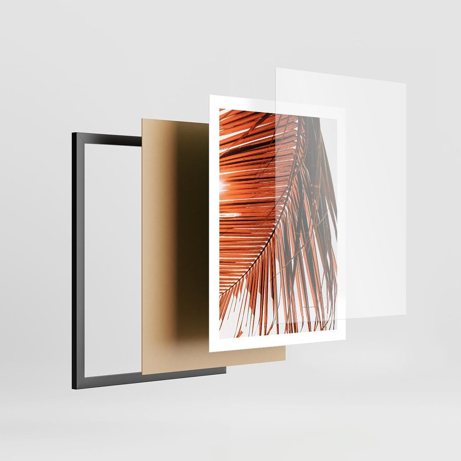 Plakat w ramie 50x70 - Słońce na Palmie - palma, promienie słońca - rama czarna