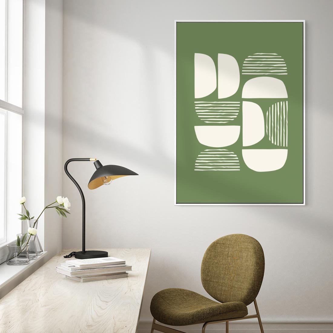 Obraz w ramie 70x100 - Migotliwe Formy - geometryczne boho kształty na brązowym, oliwkowym tle - rama biała