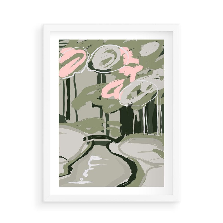 Plakat w ramie 50x70 - Leśny Zakątek - pastelowy krajobraz, nowoczesny plakat - rama biała