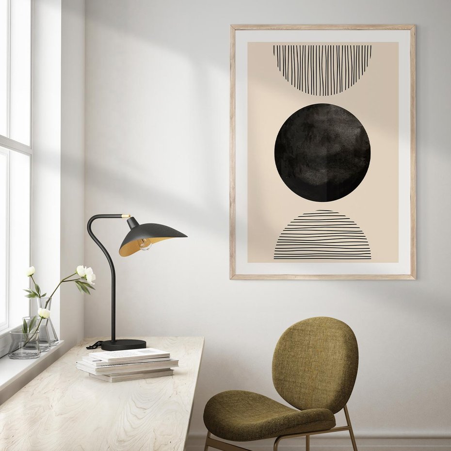 Plakat w ramie 50x70 - Minimalizm w Kształtach - geometryczny graficzny obraz, czarne koło - rama drewno