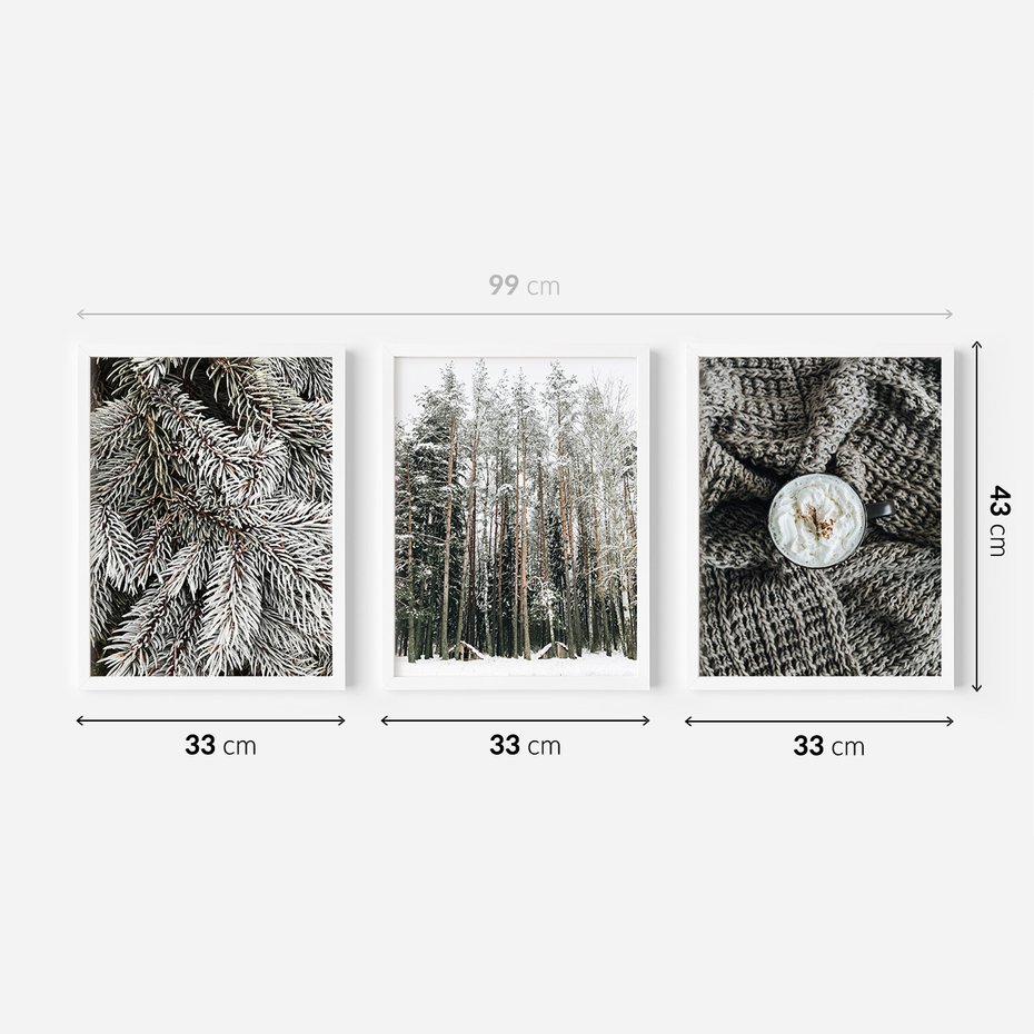 Zestaw obrazy w ramie 30x40 galeria - Las, zima, kawa - rama biała