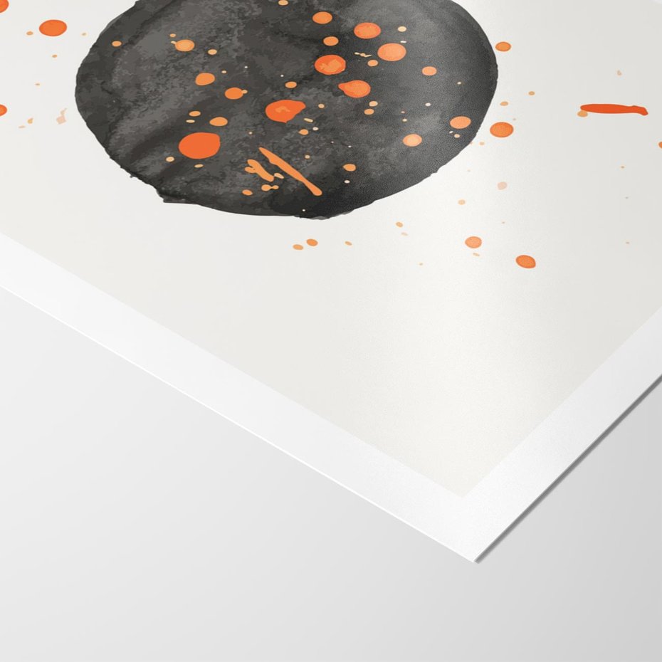 Plakat bez ramy 21x30 - Impulsy Kreatywności - abstrakcyjna czarna plama, rozsiane pomarańczowe kropki