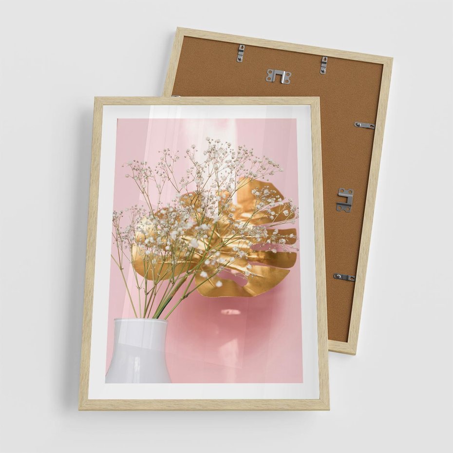 Plakat w ramie 50x70 - Blask Natury - złote, liście - rama drewno