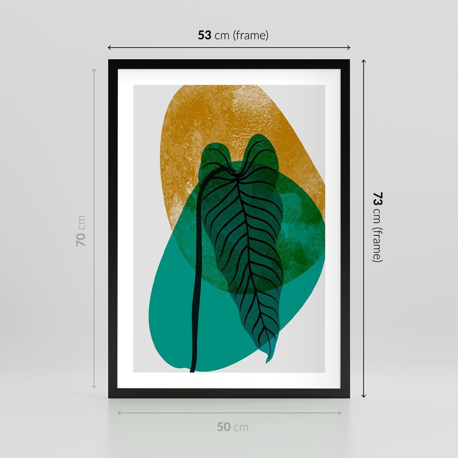 Plakat w ramie 50x70 - Zielony Liść ze Złotą Plamą - zielony liść, złota plama - rama czarna