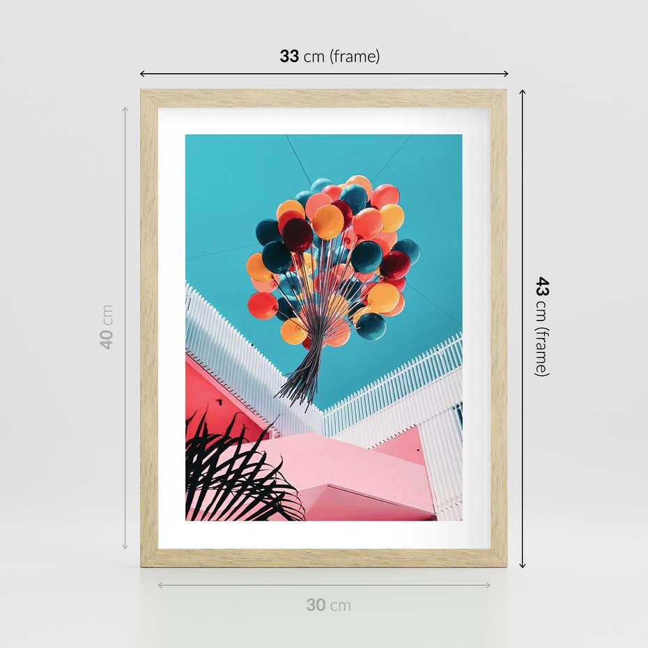 Plakat w ramie 30x40 - Kolorowe Balony Pod Niebem - kolorowe balony na tle niebieskiego nieba - rama drewno
