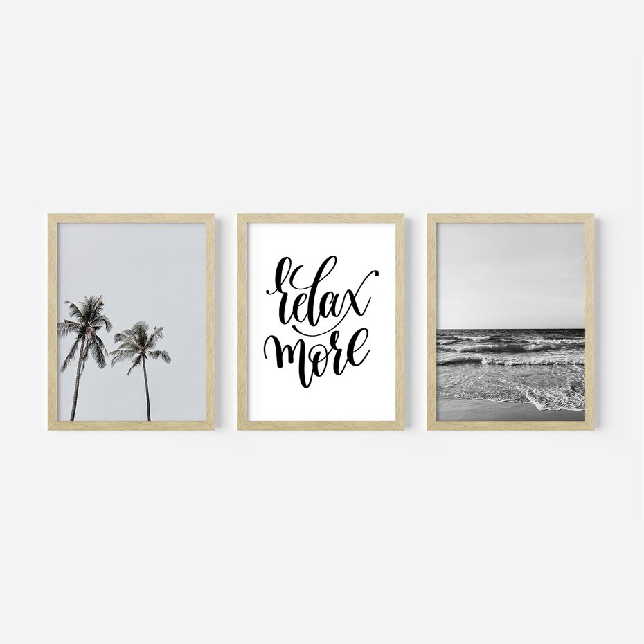 Zestaw obrazy w ramie 40x50 galeria - Plaża, palmy, relaks, typografia - rama drewno