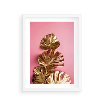 Plakat w ramie 30x40 - Złote Liście Monstery: Delikatność na Różowym Tle - złote liście monstery, różowe tło - rama biała