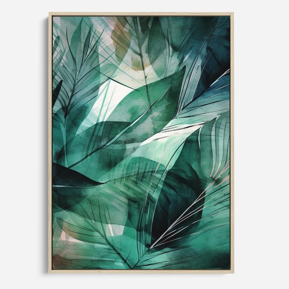 Obraz w ramie 80x120 - Zieleń Tropików - tropikalne zielone liście palmy, monstera - rama drewno